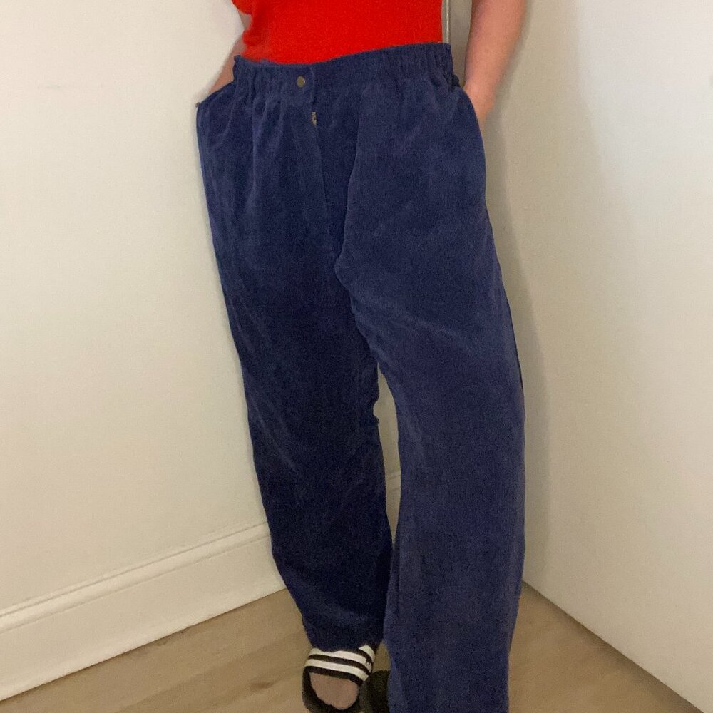 Dark Navy Corduroy Comfortable Flowy Pants Elastic Waist